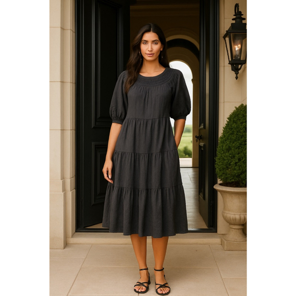 NWTs Old Navy Dark Gray Midi Dress Smocked Puff Sleeve Tiered L Tall Cottagecore - Picture 1 of 8